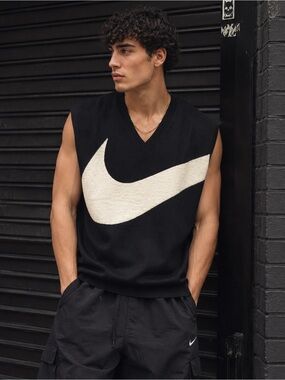Swoosh by Nike Black V-Neck Sweater Vest with Cream Swoosh Accent